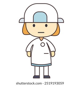 A simplistic cartoon character in a white outfit and cap, likely representing a medical professional.