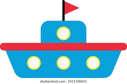 Simplistic, cartoon-style drawing of a colorful toy boat with a blue body, red base, yellow windows, and a red flag.