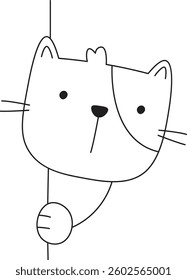 A simplistic cat with round eyes peeks from behind a corner in a minimalist line art style. Whiskered feline curiously looks out with a single paw visible in outline form. Cartoon vector illustration.