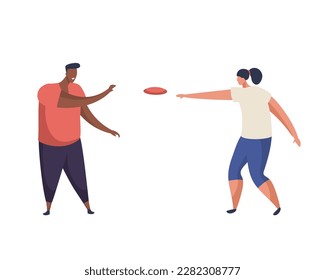 Simplistic characters playing frisbee game. Vector illustration for disk play. Throwing and catching disc activity. Flying plate exercise. Motion and leisure, recreation and active summer theme.