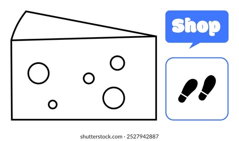 Cuña de queso simplista con agujeros, una tienda de lectura de burbujas de discurso y huellas dentro de un contorno cuadrado. Ideal para tiendas de comestibles, gráficos minoristas, industria alimentaria, productos lácteos, señalización simple