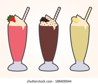 Simplistic Classic Milkshakes with Cream in Glass - Strawberry - Chocolate - Banana