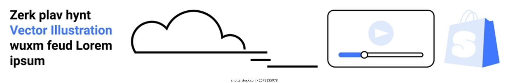 Simplistic cloud icon drawn with lines, adjacent to a media player interface with a play button and progress bar, along with a blue shopping bag icon and sample text Ideal for technology, media