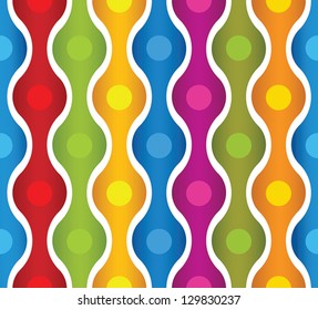 Simplistic colorful wavy lines and circles seamless pattern, vector background.