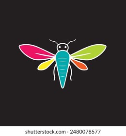 Simplistic colourful multi coloured bug on black background