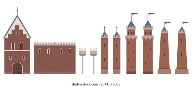 A simplistic depiction of a medieval European castle featuring various towers with colorful flags on the turrets. Ideal for historical, architectural, educational, fantasy, tourism themes. Calming