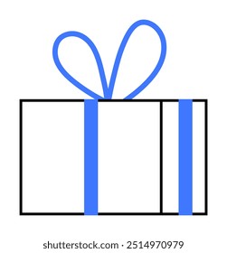 Simplistic design of a blue-ribboned gift box with a large bow on top, rendered in a minimalist style. Ideal for celebrations, gifts, birthdays, anniversaries, and holidays. Simple, clean, modern styl