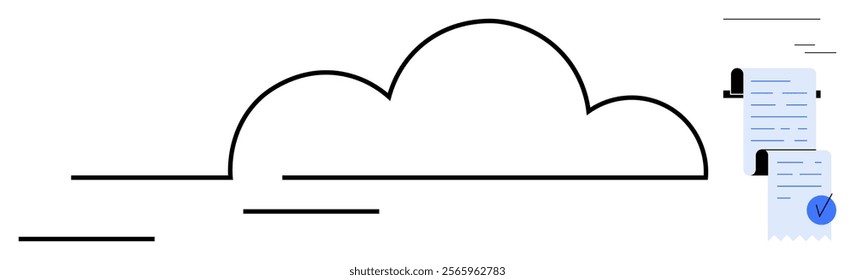 A simplistic design of a cloud symbolizes cloud computing, with documents and checklist elements indicating organized, secure data management. Ideal for technology, security, document management