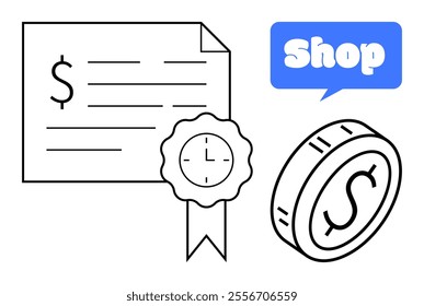 Simplistic design with a dollar certificate, coin, clock badge, and blue shop speech bubble. Ideal for finance, certifications, online shopping, money management, and e-commerce