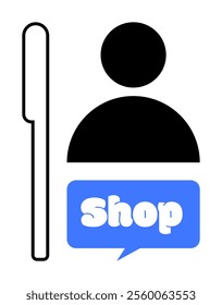 A simplistic design featuring a black human figure, a vertical rectangular shape, and a blue speech bubble with the word Shop. Ideal for retail, e-commerce, marketing, customer service, visual