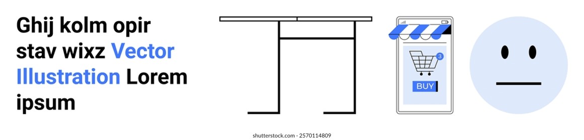 Simplistic design featuring a cartoonish face, a table, and a mobile phone with a shopping cart icon. Ideal for e-commerce, online shopping, web design, digital marketing, and user experience themes