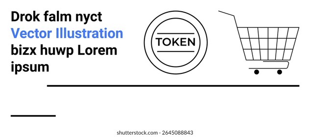 Design simplificado com token, carrinho de compras e elementos de texto em preto e azul. Ideal para marketing, e-commerce, criptomoeda, branding, compras on-line, design gráfico e promocional