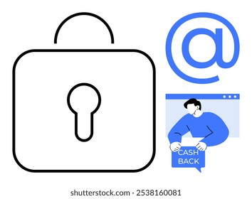 A simplistic design with a large padlock signifying security, an e-mail symbol, and a person using a cashback service. Ideal for online security, digital transactions, privacy protection, e-commerce