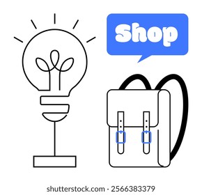 Simplistic design with a lightbulb and a backpack under a shop sign in blue. Ideal for online shopping, creativity, education, retail, and innovation themes. Cartoon style illustration