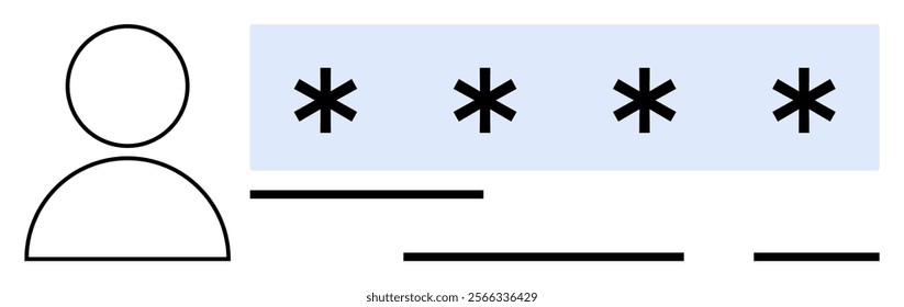 Simplistic design showcasing a users profile beside a password input field represented by a row of asterisks. Black lines under the profile could signify input fields or sections. Ideal for web