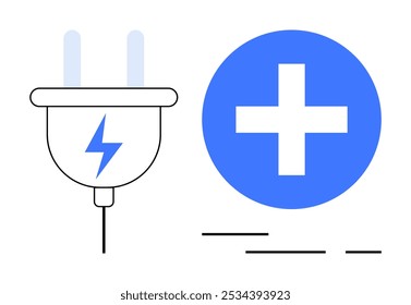 Simplistic design showing an electric plug with a lightning bolt and a blue plus sign. Ideal for technology electricity healthcare renewable energy and infrastructure. Clean minimalistic style