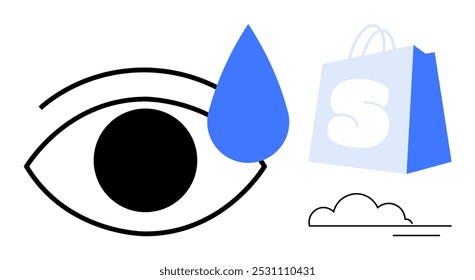 Simplistic design showing an eye with a blue water drop, a shopping bag and a cloud. Ideal for e-commerce, visual perception, emotions, environmental awareness and minimalist themes. Clean vector