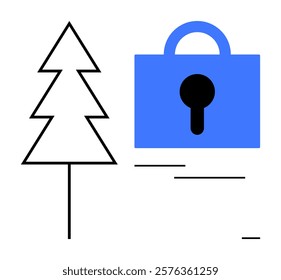 Simplistic design showing a tree outline and a blue padlock. Ideal for environmental protection security conservation nature safety sustainability campaigns. Thin black lines clear vector style