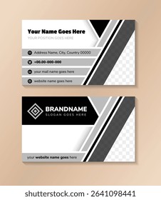 Simplistic designed black and white front and back business card template contains abstract triangle, rectangle and diagonal shapes. sample information consist of text, logo and icons. 