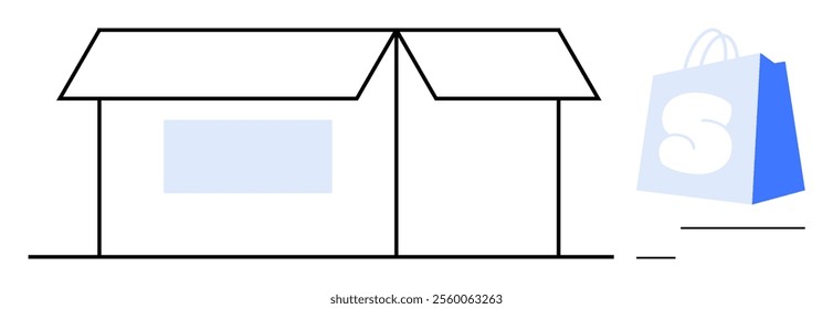 Simplistic drawing of a building next to a shopping bag. Ideal for themes such as online shopping, retail, e-commerce, storefronts, and consumer goods. Minimalist linear style