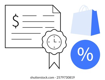 Simplistic drawing of a voucher with a clock ribbon, a shopping bag with , and a percent sign. Ideal for promotions, discounts, shopping, savings, time-limited deals