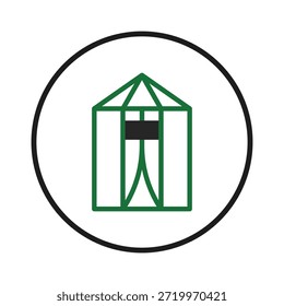 Un emblema simplista que muestra el contorno de un invernadero, simboliza el cultivo y el crecimiento de plantas conscientes del medio ambiente. El emblema ofrece una abreviatura visual para la sostenibilidad, que representa los productos orgánicos,