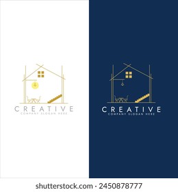 simplistic exterior of a house, House framework logo, House building logo design with interior