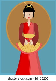 Simplistic Geisha holding fan against plain background VECTOR