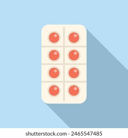 Simplistic graphic of a blister pack with red pills, cast shadow on a blue background