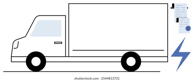 A simplistic graphic of an electric truck, with two documents and a blue electric bolt. Ideal for sustainable transport, business logistics, digital documentation, modern technology, eco-friendly