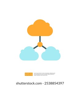 A simplistic graphic illustration depicting a cloud network with an orange cloud connected to two blue clouds, symbolizing cloud computing and data sharing.