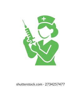 A simplistic green icon showing a nurse preparing an injection with a syringe.
