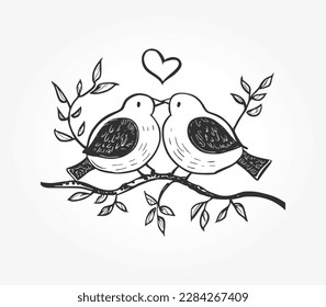 Aves de amor simplistas dibujadas a mano en una rama con corazones. Perfecto para invitaciones de boda y diseños románticos