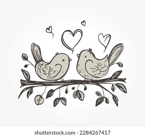 Aves de amor simplistas dibujadas a mano en una rama con corazones. Perfecto para invitaciones de boda y diseños románticos