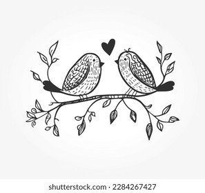 Aves de amor simplistas dibujadas a mano en una rama con corazones. Perfecto para invitaciones de boda y diseños románticos