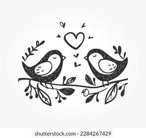 Aves de amor simplistas dibujadas a mano en una rama con corazones. Perfecto para invitaciones de boda y diseños románticos