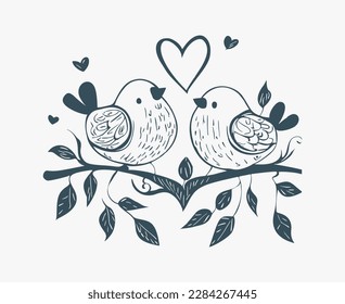 Aves de amor simplistas dibujadas a mano en una rama con corazones. Perfecto para invitaciones de boda y diseños románticos