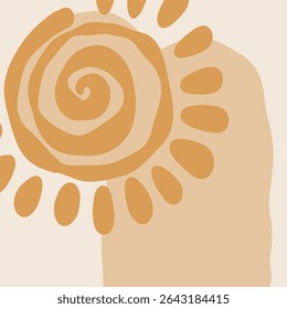 A simplistic handmade depiction of a spiral sun design in beige and orange tones, representing warmth and creativity