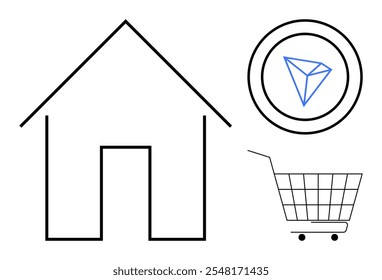 Simplistic house outline with a Tron coin above a shopping cart. Ideal for e-commerce, cryptocurrency, shopping, housing, minimalist designs. Clean black and white lines with a touch of color