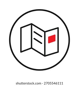 Um ícone simplista com um folheto aberto, exibido em um quadro circular nítido. O folheto, retratado em linhas limpas e um traço de vermelho, representa uma ferramenta promocional moderna perfeita para