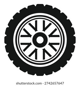 Simplistic icon graphic of a car wheel with a tire and rim in monochrome