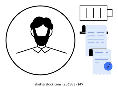 Simplistic icon-style vector of a businessman profile circle with a low battery indicator and invoices. Ideal for business, stress, work-life balance, finance, productivity, modern workplace themes