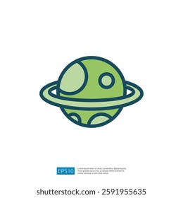 A simplistic illustration of a green planet with rings, representing celestial bodies and space themes.