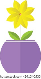 simplistic illustration of a yellow flower with green leaves, planted in a purple pot. The illustration has a flat, vector-style design with no intricate details or shading