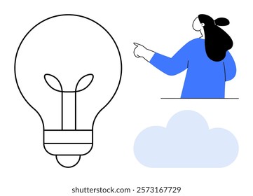 A simplistic image includes a woman pointing, a large light bulb, and a cloud. Ideal for innovation creativity problem-solving inspiration and technological advancements. Minimalistic and modern