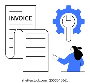 Simplistic image of an invoice document and a blue gear icon with a wrench inside. Includes a woman in blue pointing. Ideal for finance, tools, repair services, business concepts, and customer