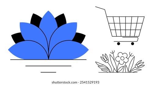 Simplistic image showing a blue lotus flower with black accents, a shopping cart, and a flower bed. Ideal for wellness, shopping, gardening, minimalistic design, spa promotions. Clean vector style