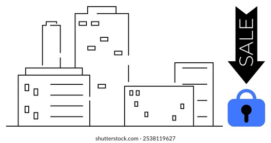 Simplistic line art depicts a cityscape with various skyscrapers and buildings. An arrow with the word SALE and a blue lock icon suggest themes of real estate, urban living, security, and investment