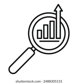 Icono de arte lineal simplista que representa una lupa centrada en un gráfico ascendente, simbolizando el análisis
