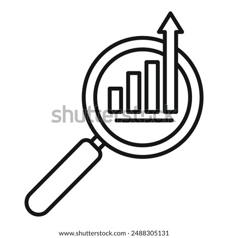 Simplistic line art icon depicting a magnifying glass focused on an ascending graph, symbolizing analysis